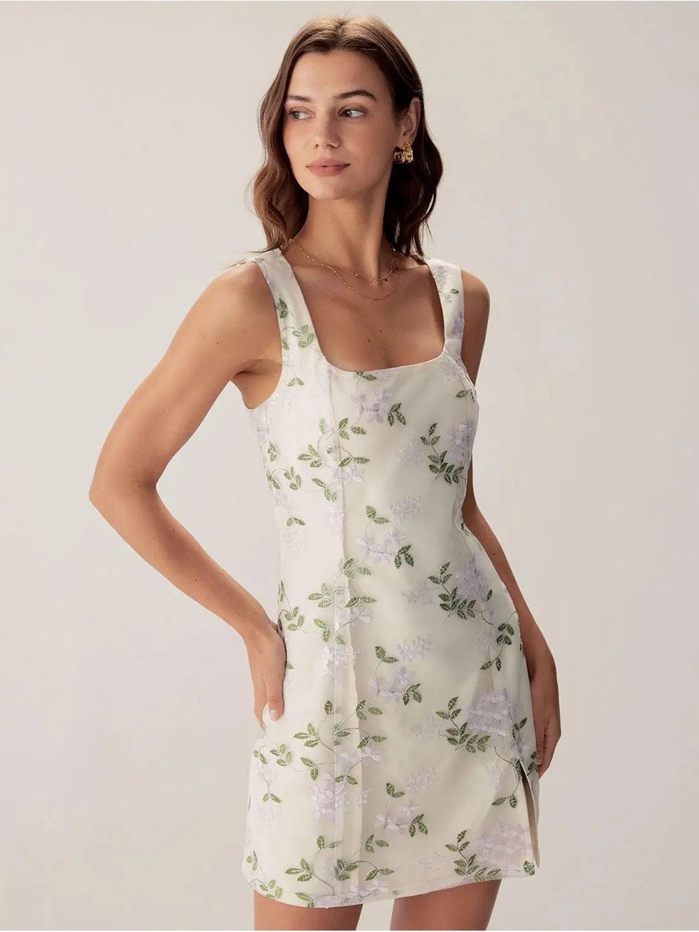 Rihoas Floral Square-Neck Slip Dress in Light Cream and Green